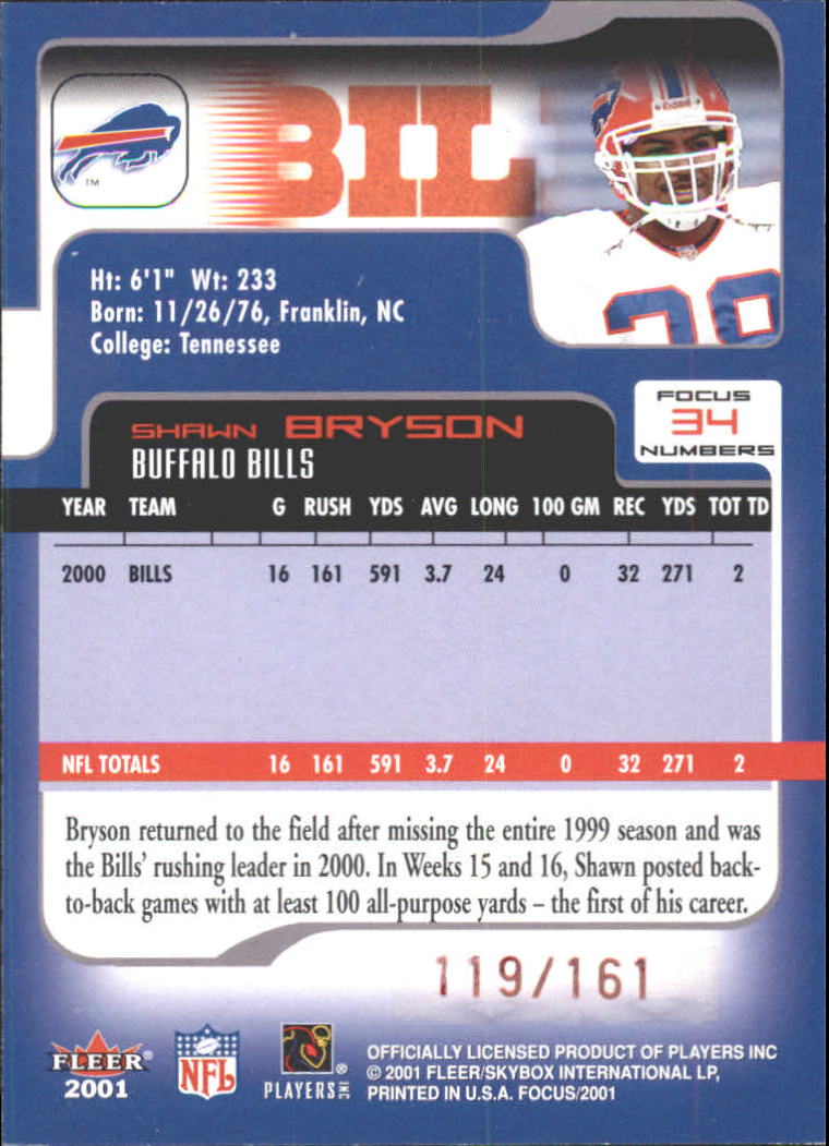 2001 Fleer Focus Numbers #34 Shawn Bryson/161 back image
