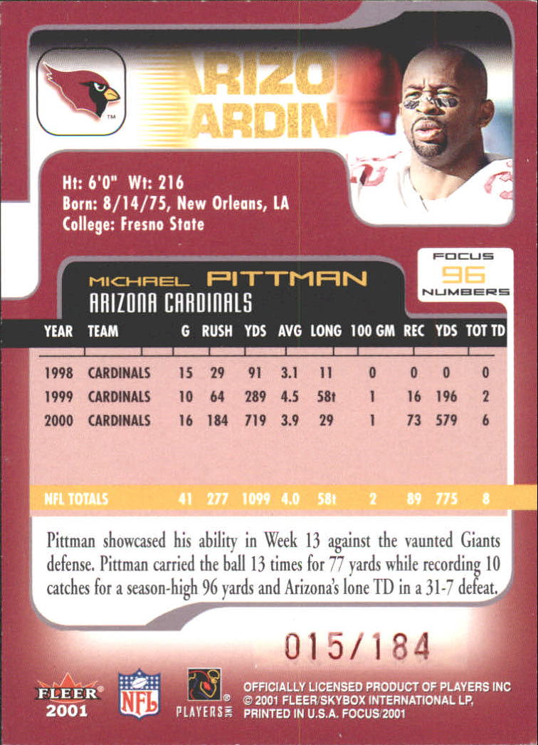 2001 Fleer Focus Numbers #96 Michael Pittman/184 back image