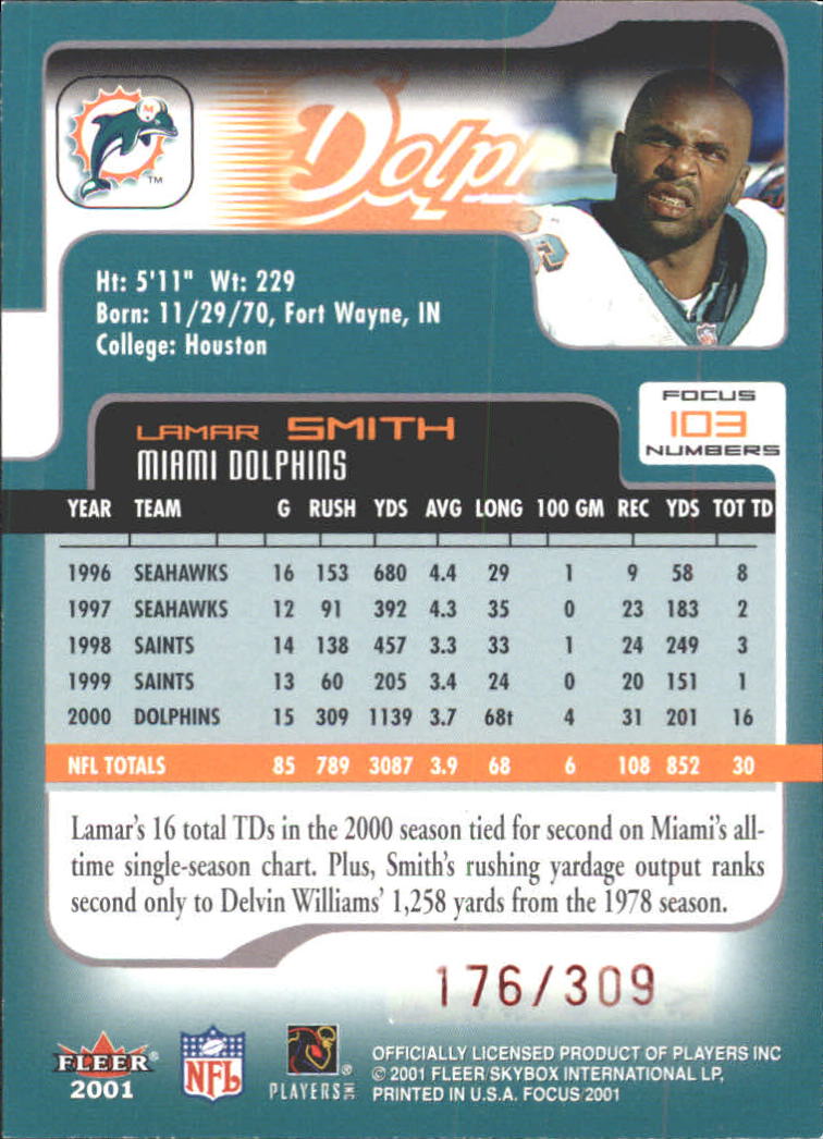 2001 Fleer Focus Numbers #103 Lamar Smith/309 back image