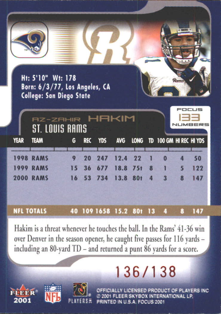 2001 Fleer Focus Numbers #133 Az-Zahir Hakim/138
