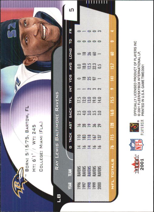2001 Fleer Game Time #5 Ray Lewis back image