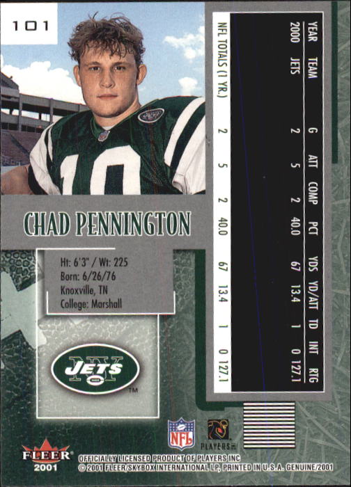2001 Fleer Genuine #101 Chad Pennington back image