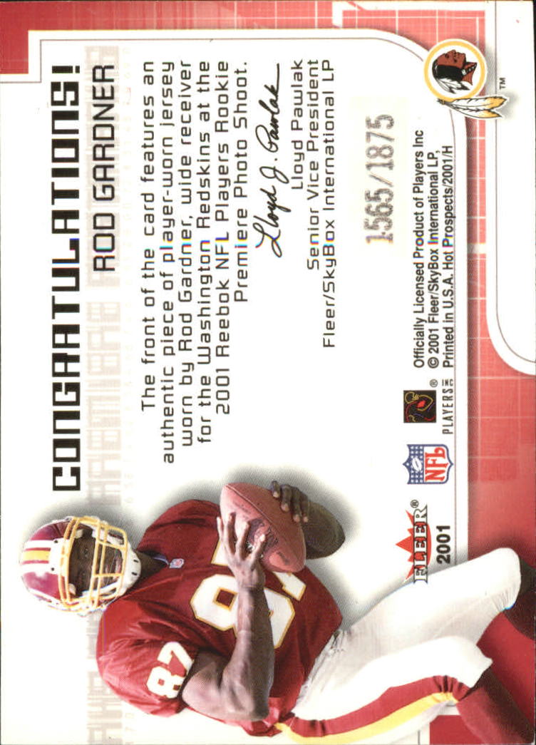 2001 Hot Prospects Rookie Premiere Postmarks Jerseys #8 Rod Gardner back image