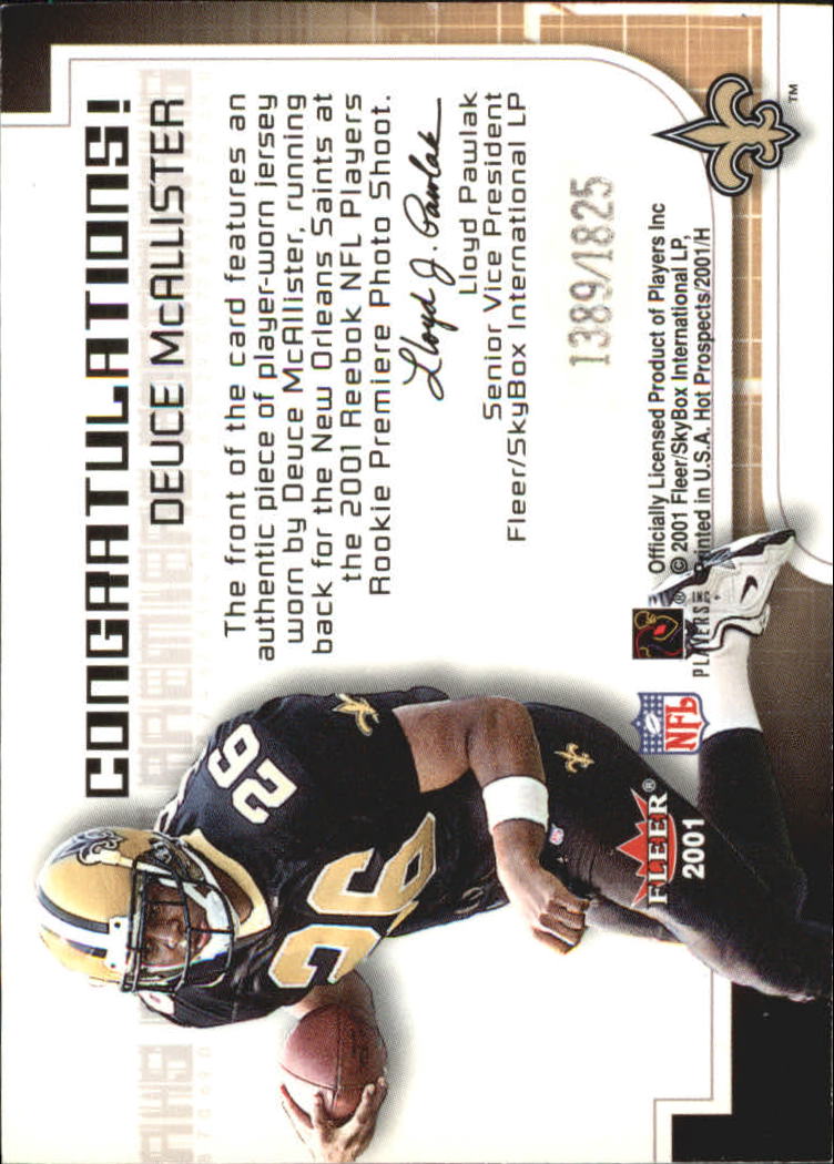 2001 Hot Prospects Rookie Premiere Postmarks Jerseys #15 Deuce McAllister back image