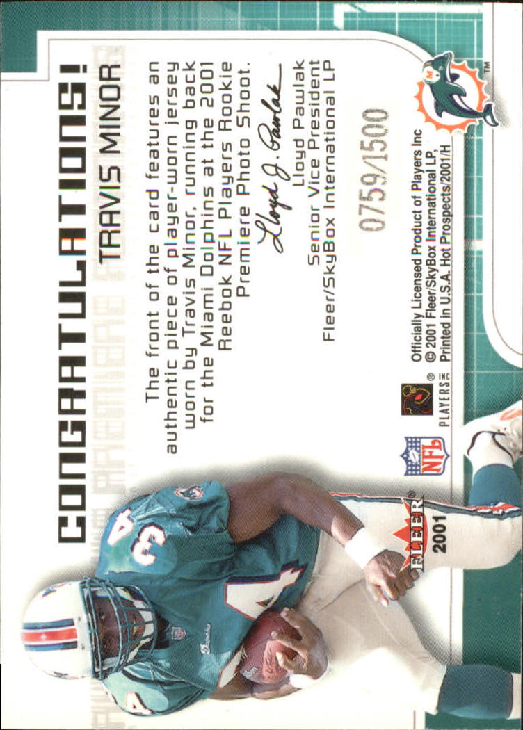 2001 Hot Prospects Rookie Premiere Postmarks Jerseys #18 Travis Minor back image
