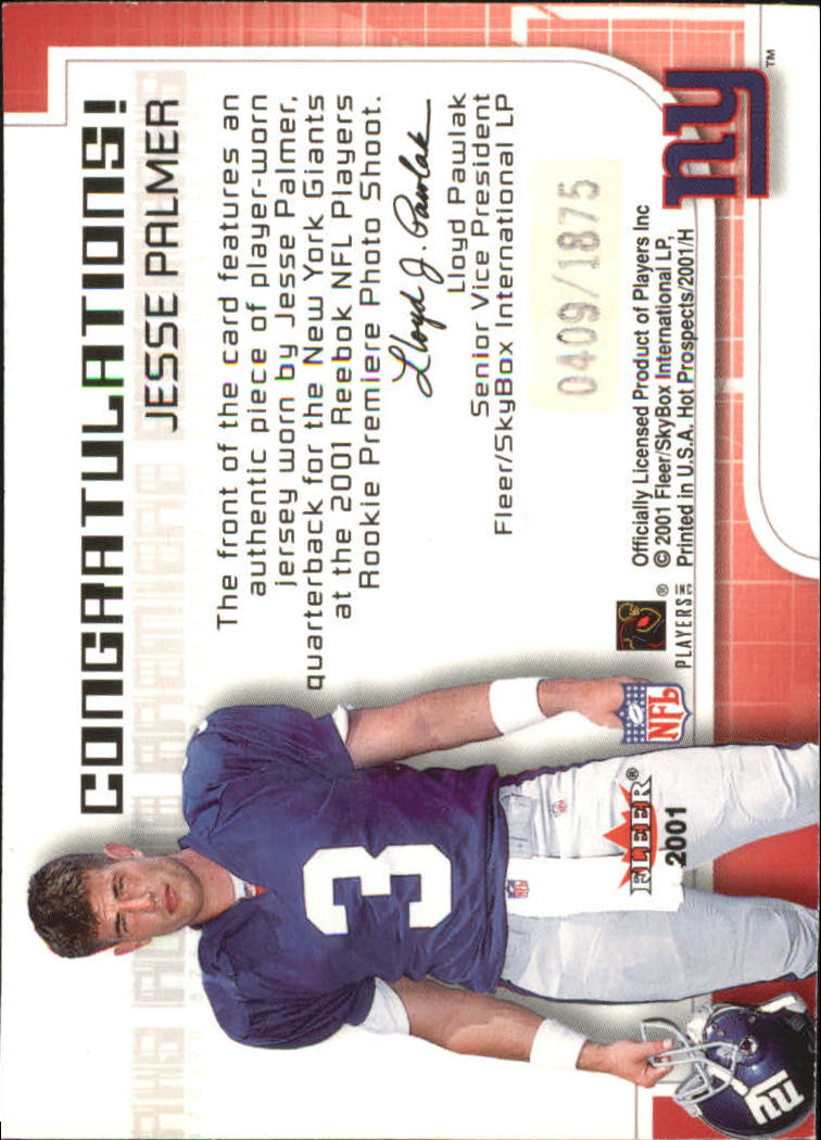 2001 Hot Prospects Rookie Premiere Postmarks Jerseys #23 Jesse Palmer back image