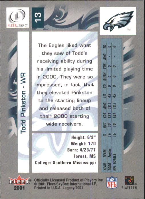 2001 Fleer Legacy #13 Todd Pinkston back image
