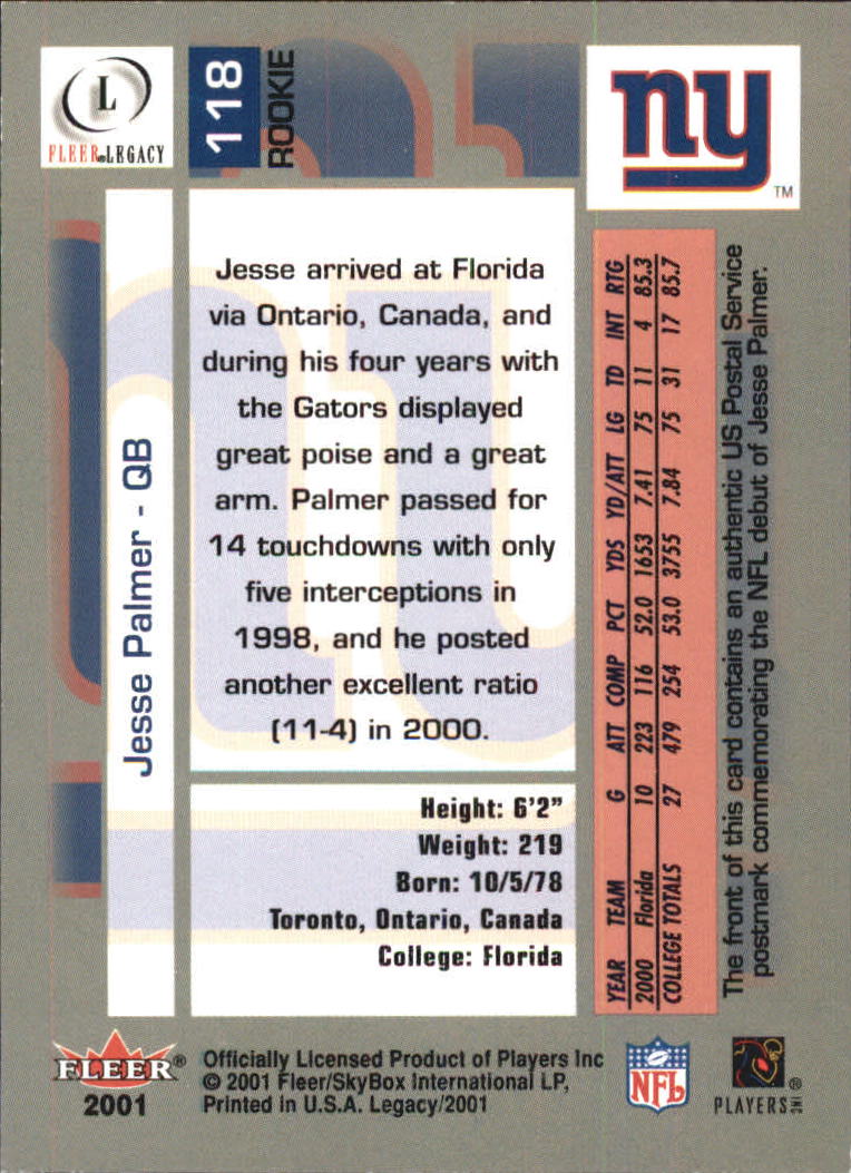2001 Fleer Legacy Rookie Postmarks #118 Jesse Palmer back image