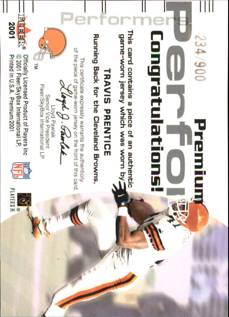 2001 Fleer Premium Performers Jerseys #15 Travis Prentice back image