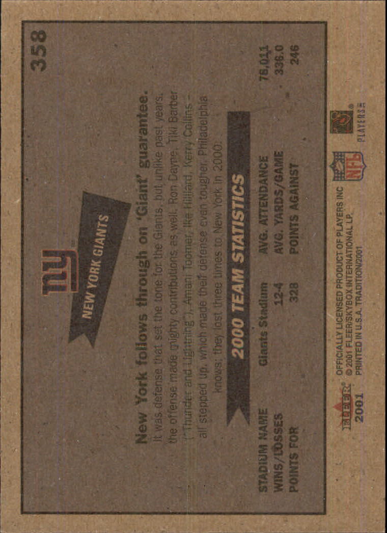 2001 Fleer Tradition Glossy #358 New York Giants TC back image