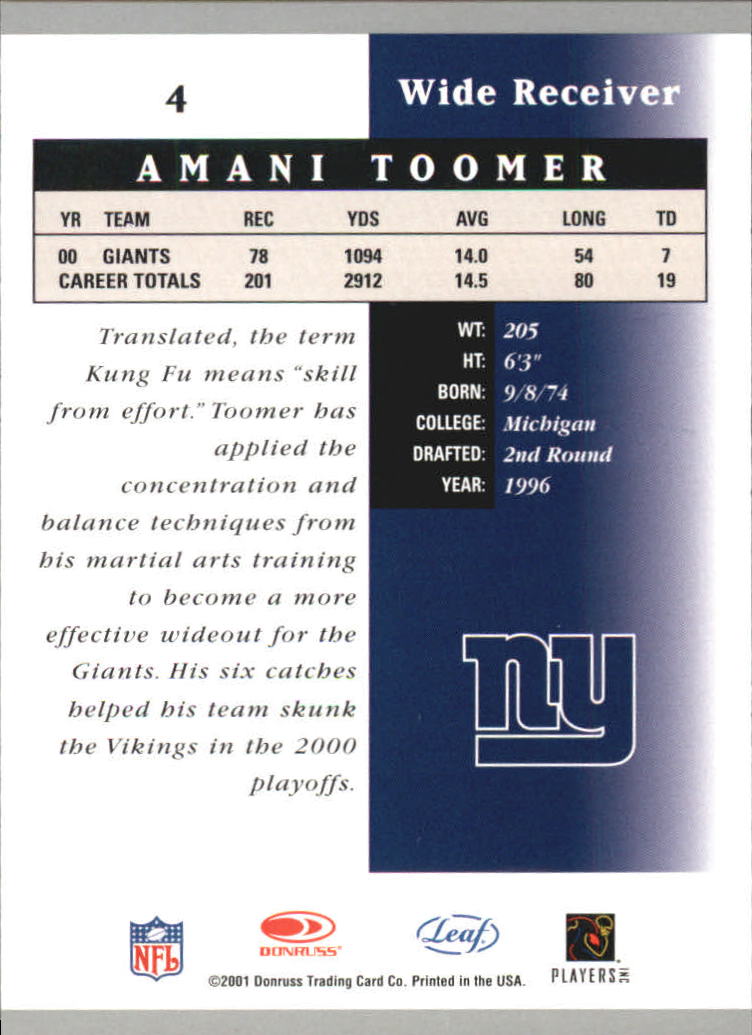 2001 Leaf Certified Materials #4 Amani Toomer back image