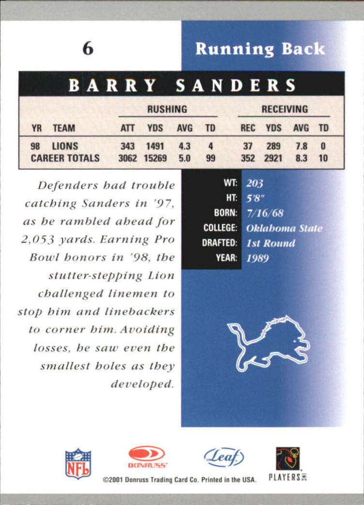 2001 Leaf Certified Materials #6 Barry Sanders back image