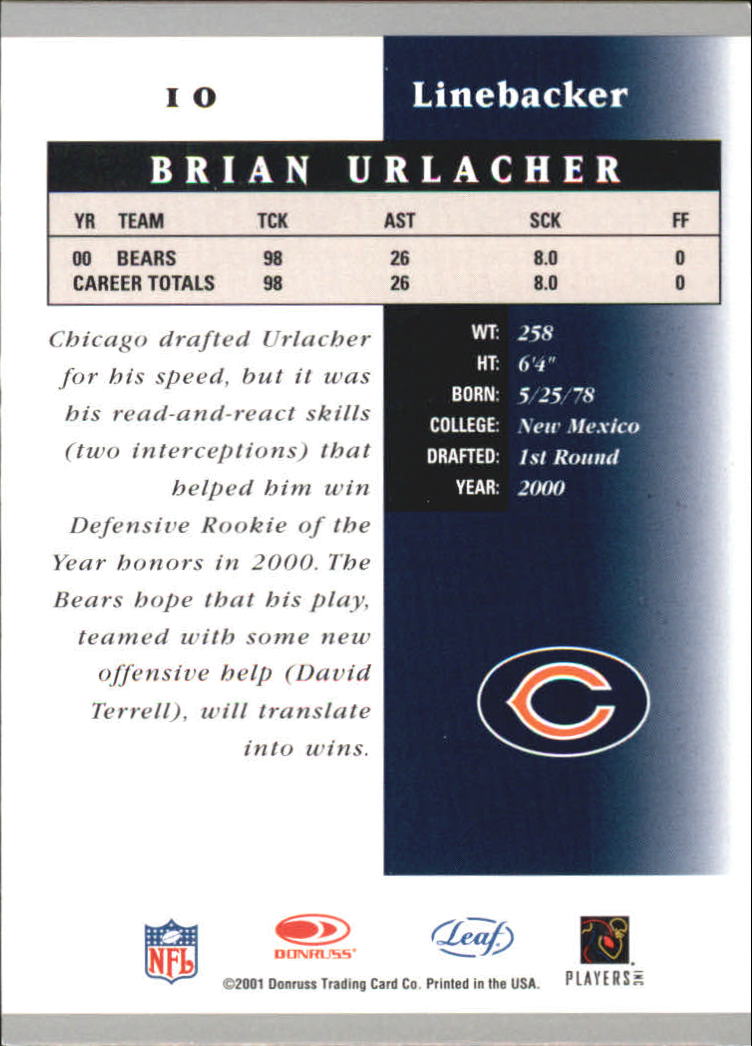 2001 Leaf Certified Materials #10 Brian Urlacher back image