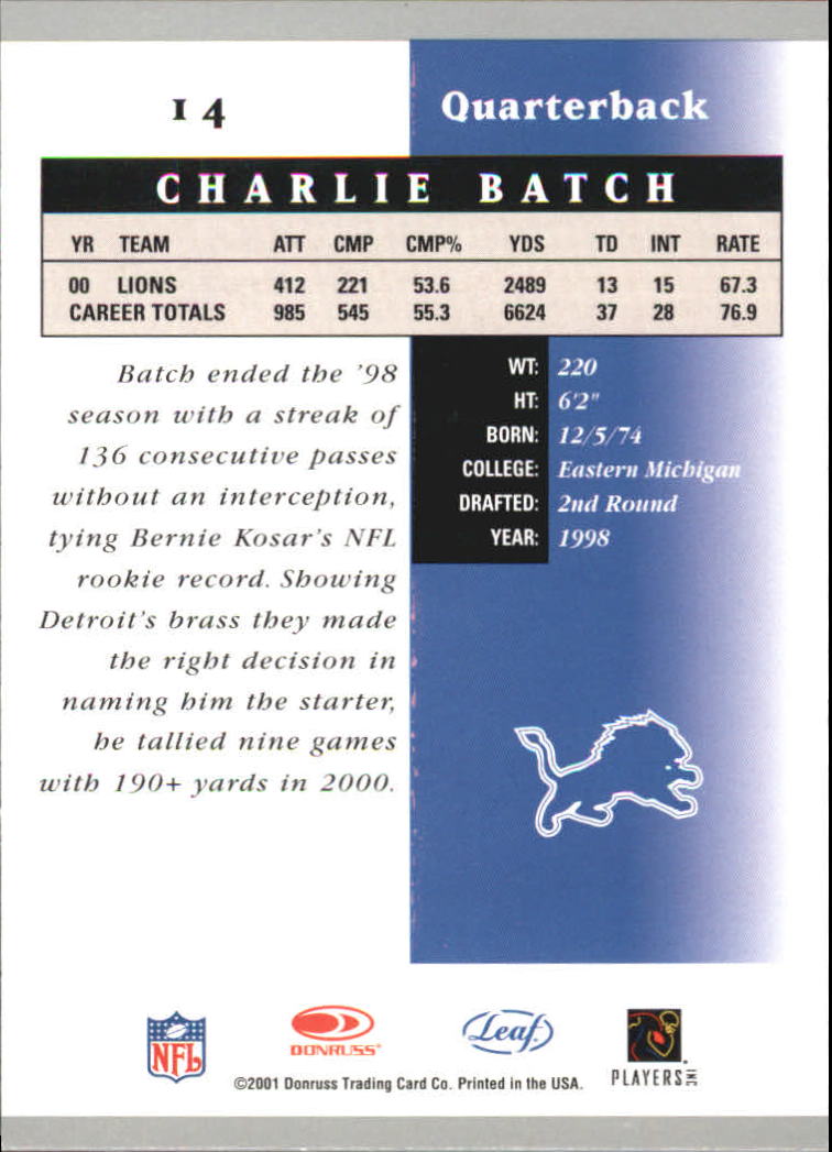2001 Leaf Certified Materials #14 Charlie Batch back image