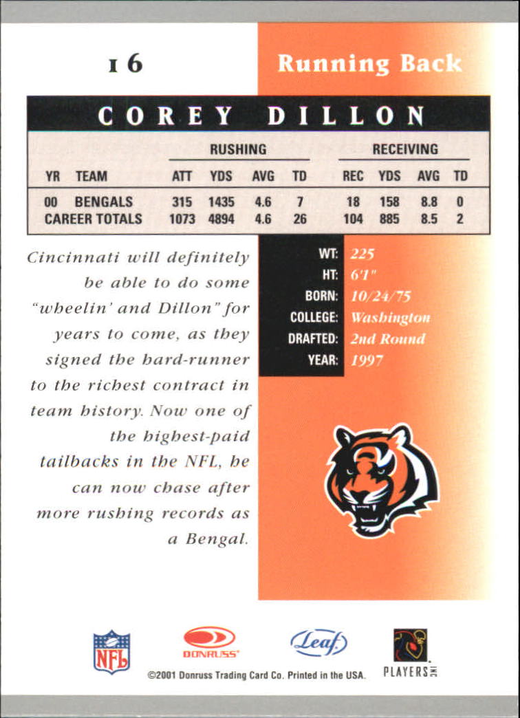 2001 Leaf Certified Materials #16 Corey Dillon back image