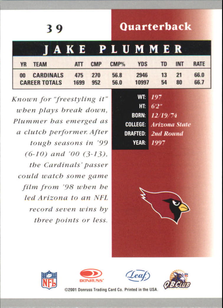 2001 Leaf Certified Materials #39 Jake Plummer back image