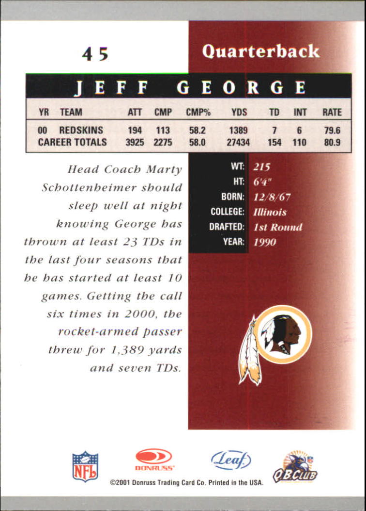 2001 Leaf Certified Materials #45 Jeff George back image