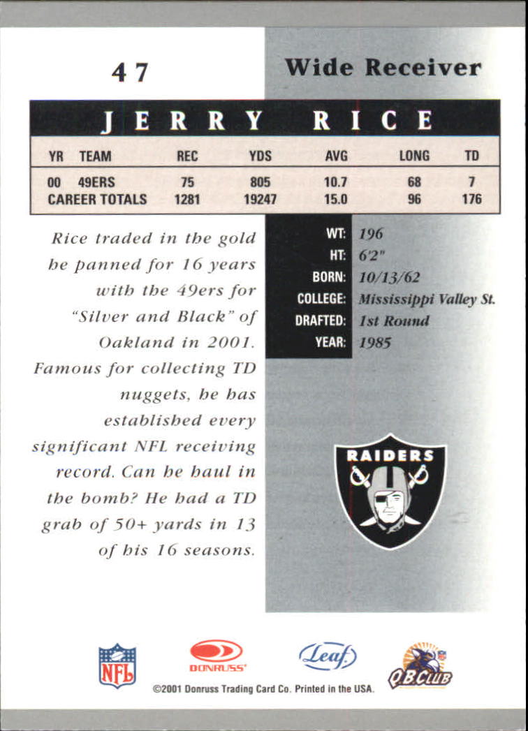 2001 Leaf Certified Materials #47 Jerry Rice back image