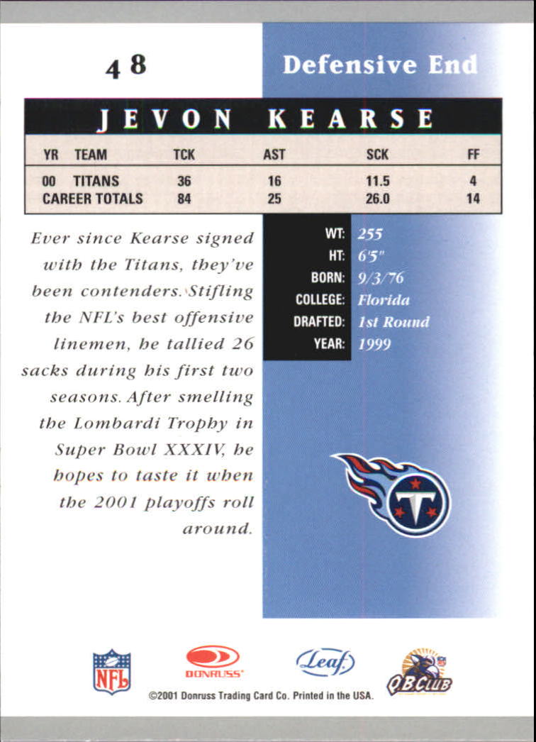 2001 Leaf Certified Materials #48 Jevon Kearse back image