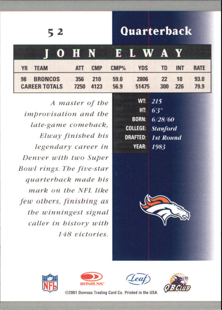 2001 Leaf Certified Materials #52 John Elway back image