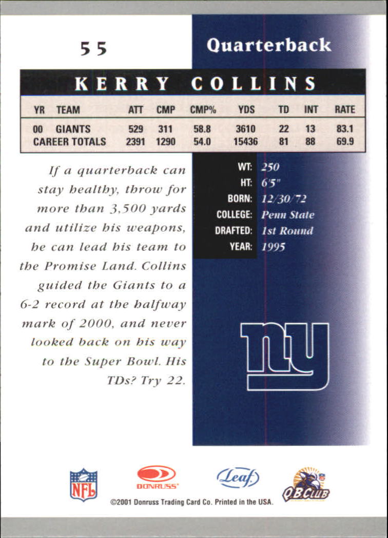 2001 Leaf Certified Materials #55 Kerry Collins back image
