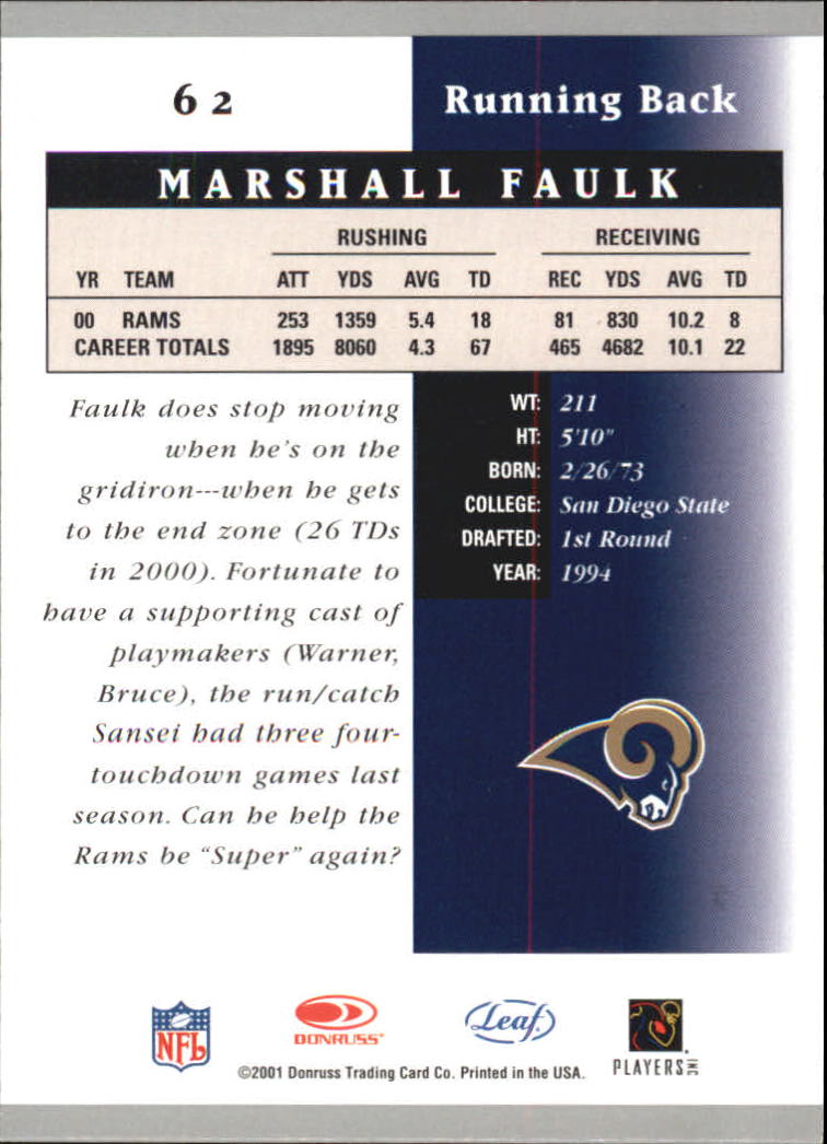 2001 Leaf Certified Materials #62 Marshall Faulk back image