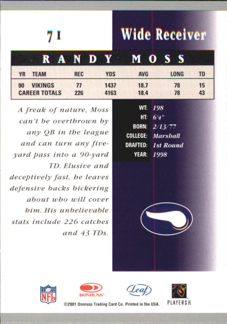2001 Leaf Certified Materials #71 Randy Moss back image