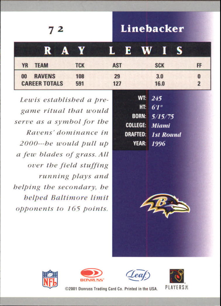 2001 Leaf Certified Materials #72 Ray Lewis back image
