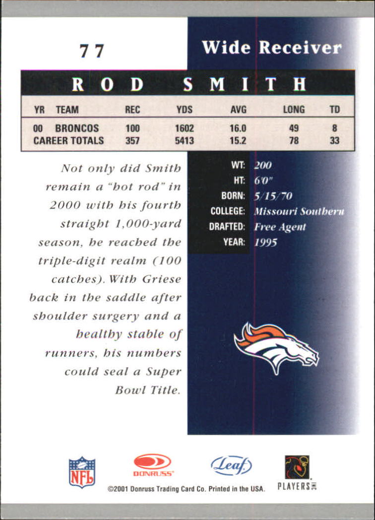 2001 Leaf Certified Materials #77 Rod Smith back image