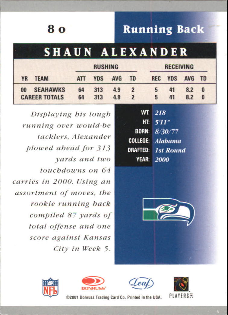 2001 Leaf Certified Materials #80 Shaun Alexander back image