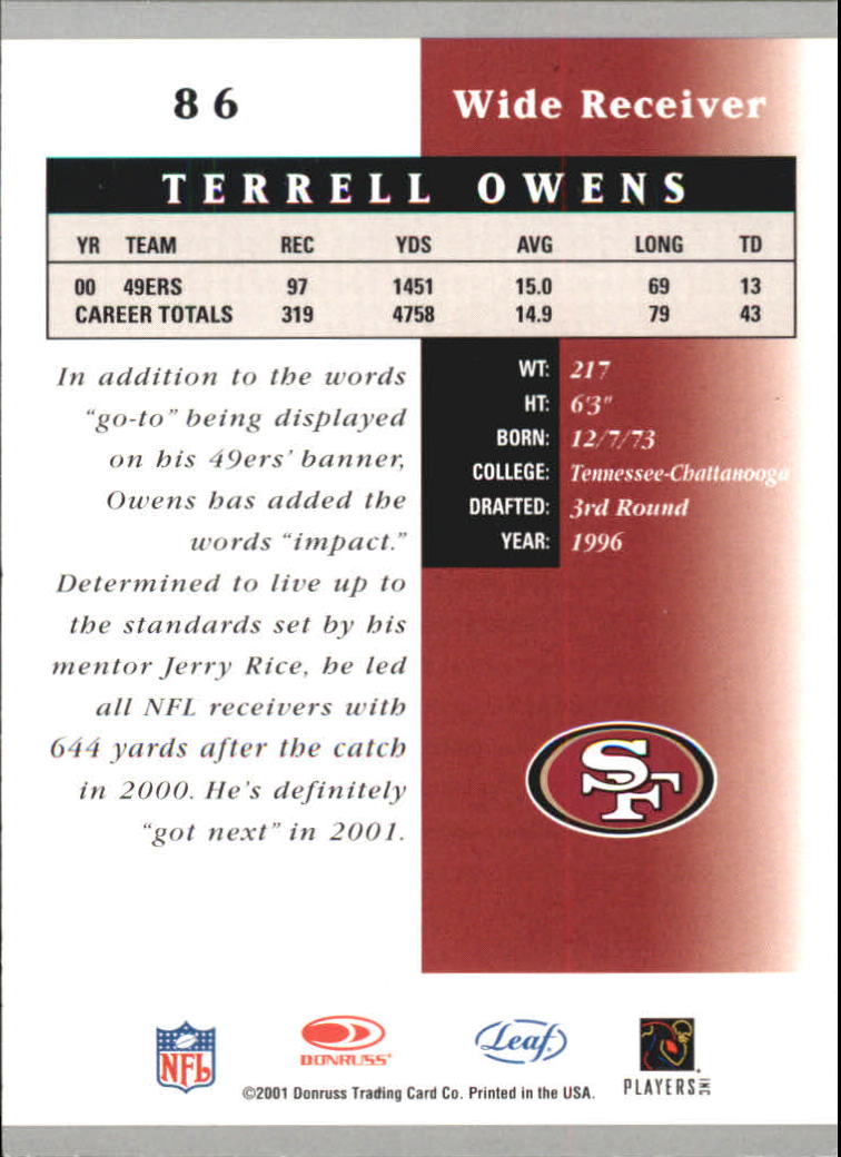 2001 Leaf Certified Materials #86 Terrell Owens back image