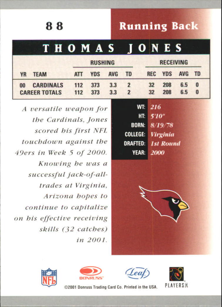 2001 Leaf Certified Materials #88 Thomas Jones back image