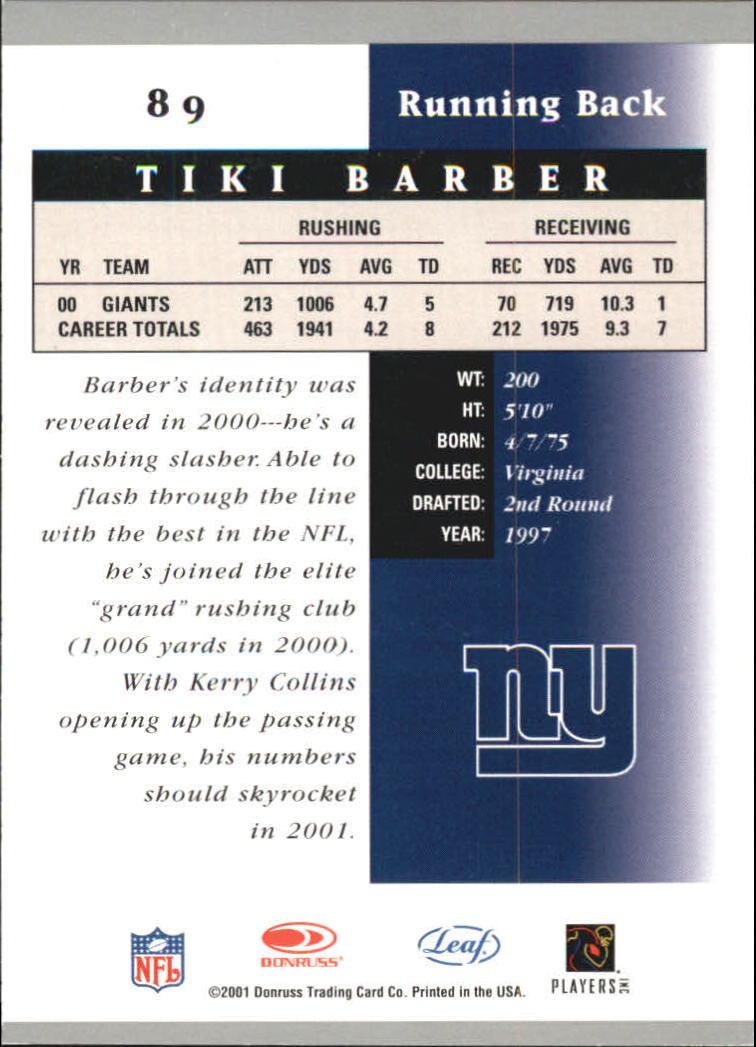 2001 Leaf Certified Materials #89 Tiki Barber back image