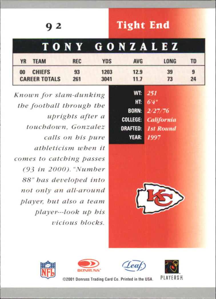 2001 Leaf Certified Materials #92 Tony Gonzalez back image