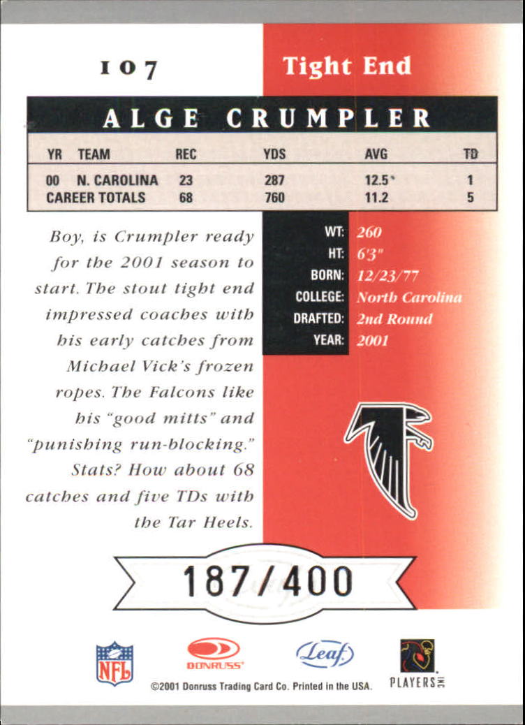 2001 Leaf Certified Materials #107 Alge Crumpler RC back image