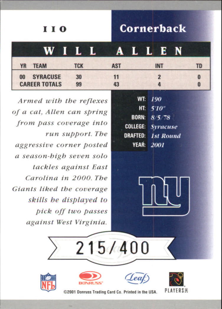 2001 Leaf Certified Materials #110 Will Allen RC back image