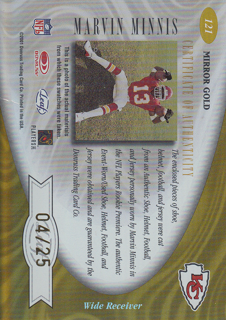 2001 Leaf Certified Materials Mirror Gold #121 Snoop Minnis FF back image