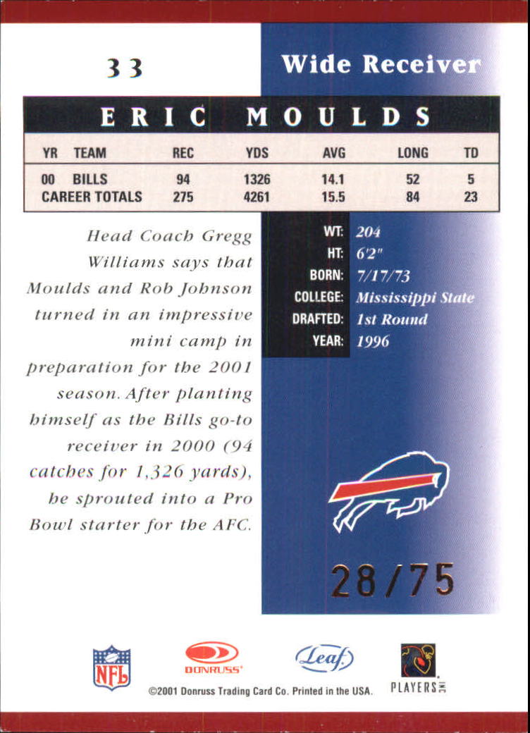 2001 Leaf Certified Materials Mirror Red #33 Eric Moulds back image