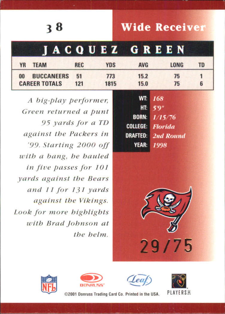 2001 Leaf Certified Materials Mirror Red #38 Jacquez Green back image