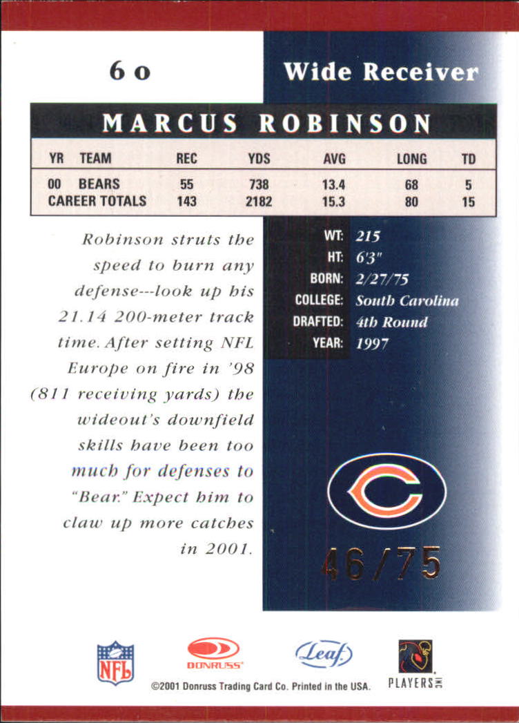 2001 Leaf Certified Materials Mirror Red #60 Marcus Robinson back image