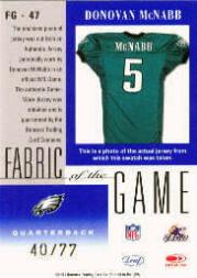2001 Leaf Certified Materials Fabric of the Game #47SN Donovan McNabb G/77 back image