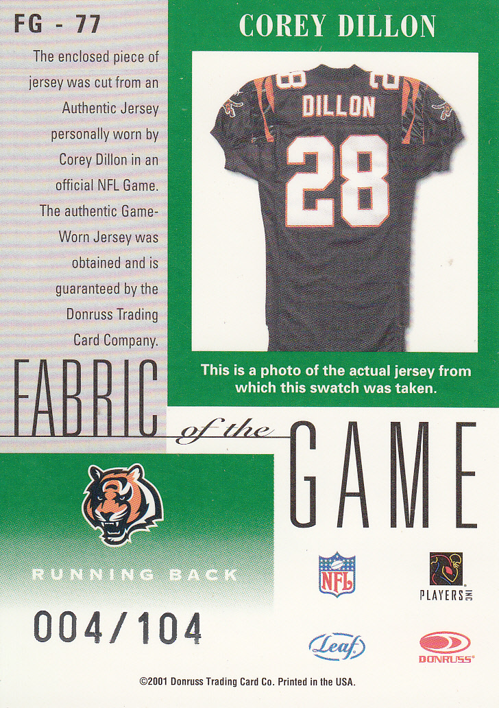 2001 Leaf Certified Materials Fabric of the Game #77CR Corey Dillon/104 back image