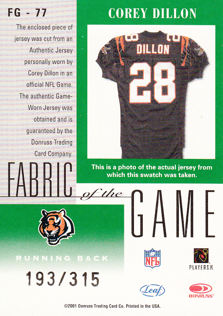 2001 Leaf Certified Materials Fabric of the Game #77SN Corey Dillon/315 back image
