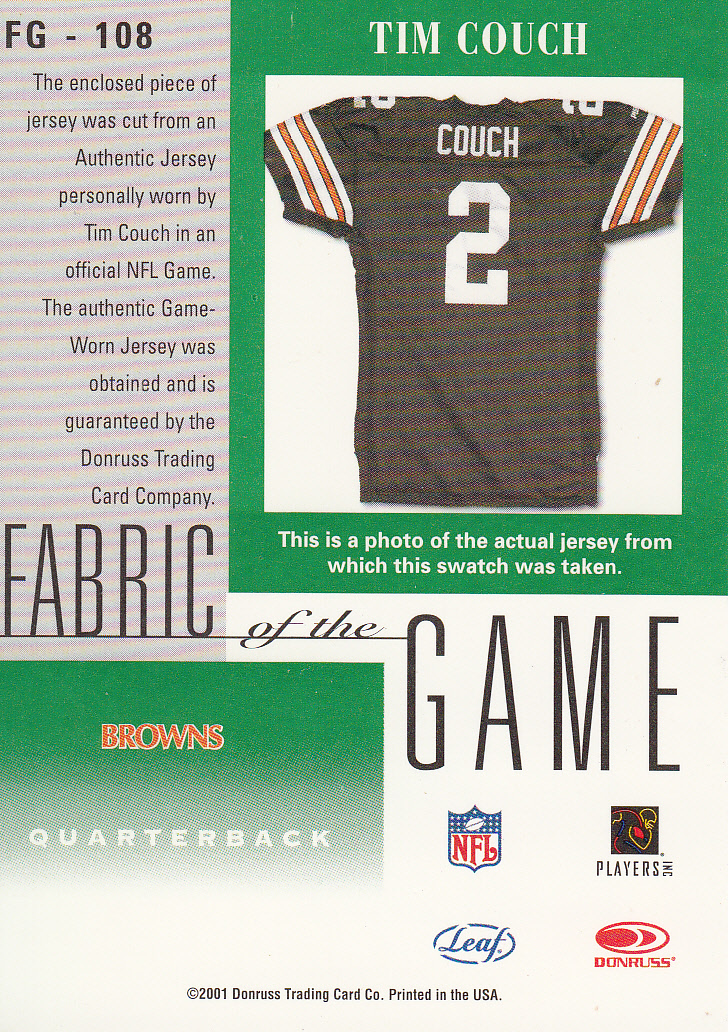 2001 Leaf Certified Materials Fabric of the Game #108BA Tim Couch back image