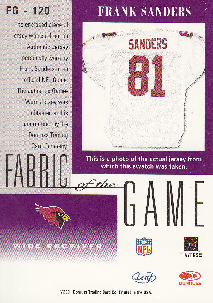 2001 Leaf Certified Materials Fabric of the Game #120BA Frank Sanders back image