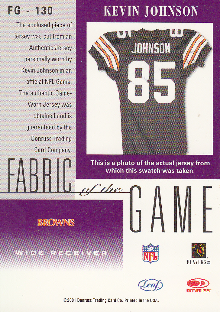 2001 Leaf Certified Materials Fabric of the Game #130BA Kevin Johnson back image