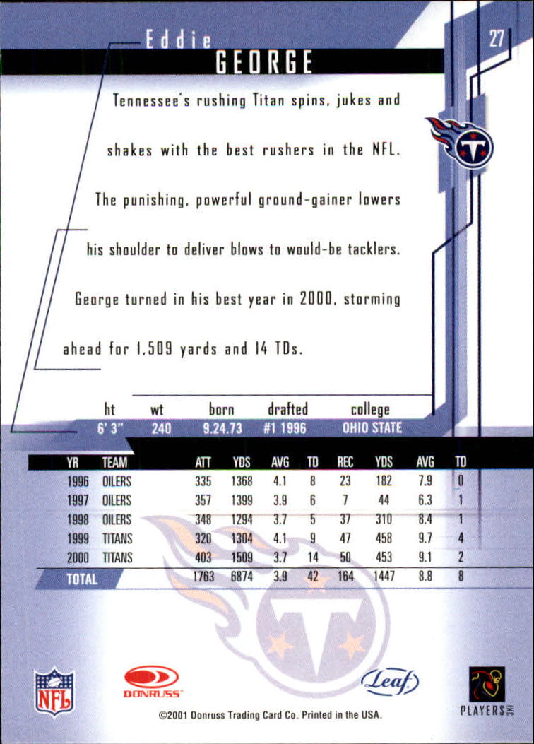 2001 Leaf Rookies and Stars #27 Eddie George back image
