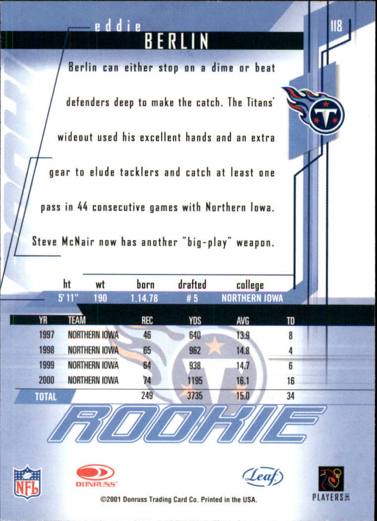 2001 Leaf Rookies and Stars #118 Eddie Berlin RC back image