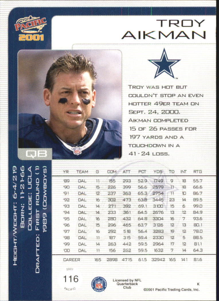 2001 Pacific #116 Troy Aikman back image