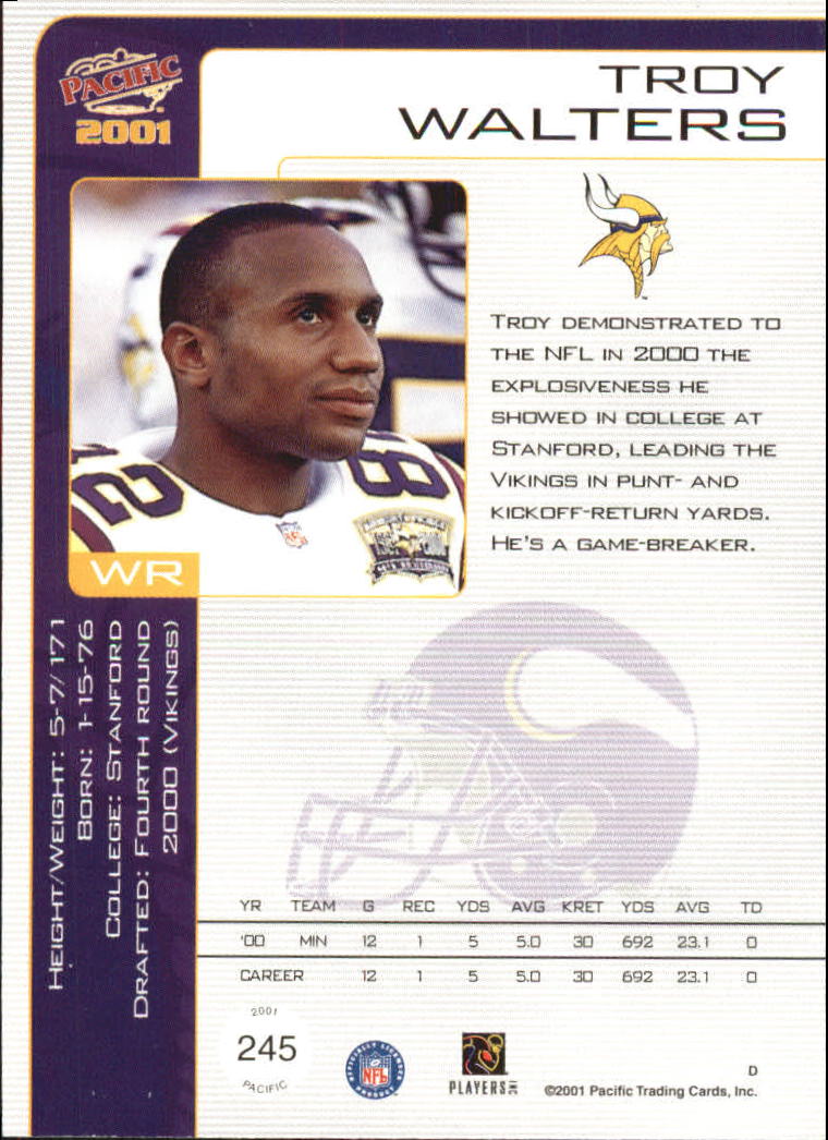 2001 Pacific Hobby LTD #245 Troy Walters back image